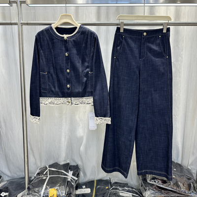 爱茜春季新款牛仔拼接镂空套装