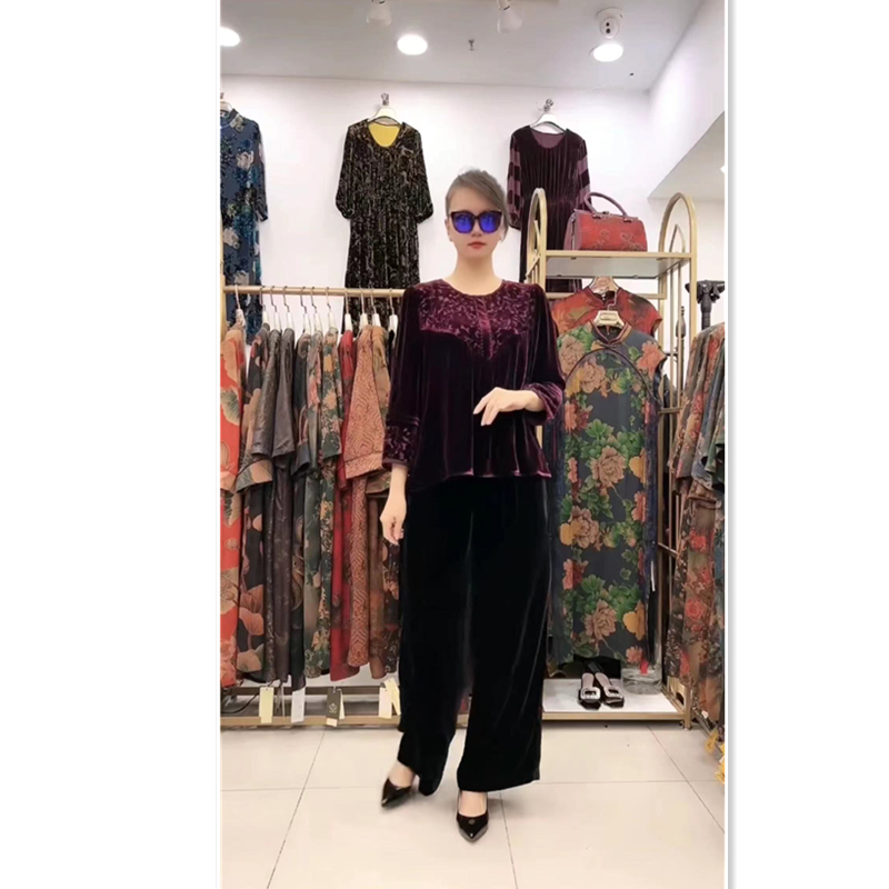 2023秋季款手工钉珠妈妈装气质高端桑蚕丝植绒提花打底衫上衣0176