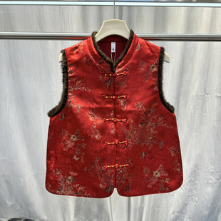 商场同款2026春季新款国风盘扣新中式水貂毛拼接夹棉马甲上衣8859