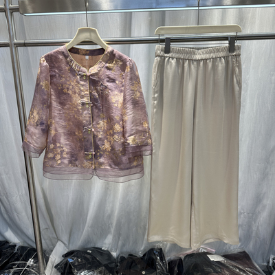 夏季国风盘扣立领中袖外套直筒裤