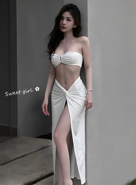 泰式纯欲高级性感白色抹胸比基尼三件套分体半身长裙度假风泳衣女