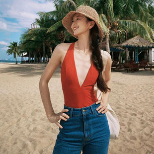 复古港风ins新款 性感火辣红色连体游泳衣女深V领遮肚显瘦露背泳装