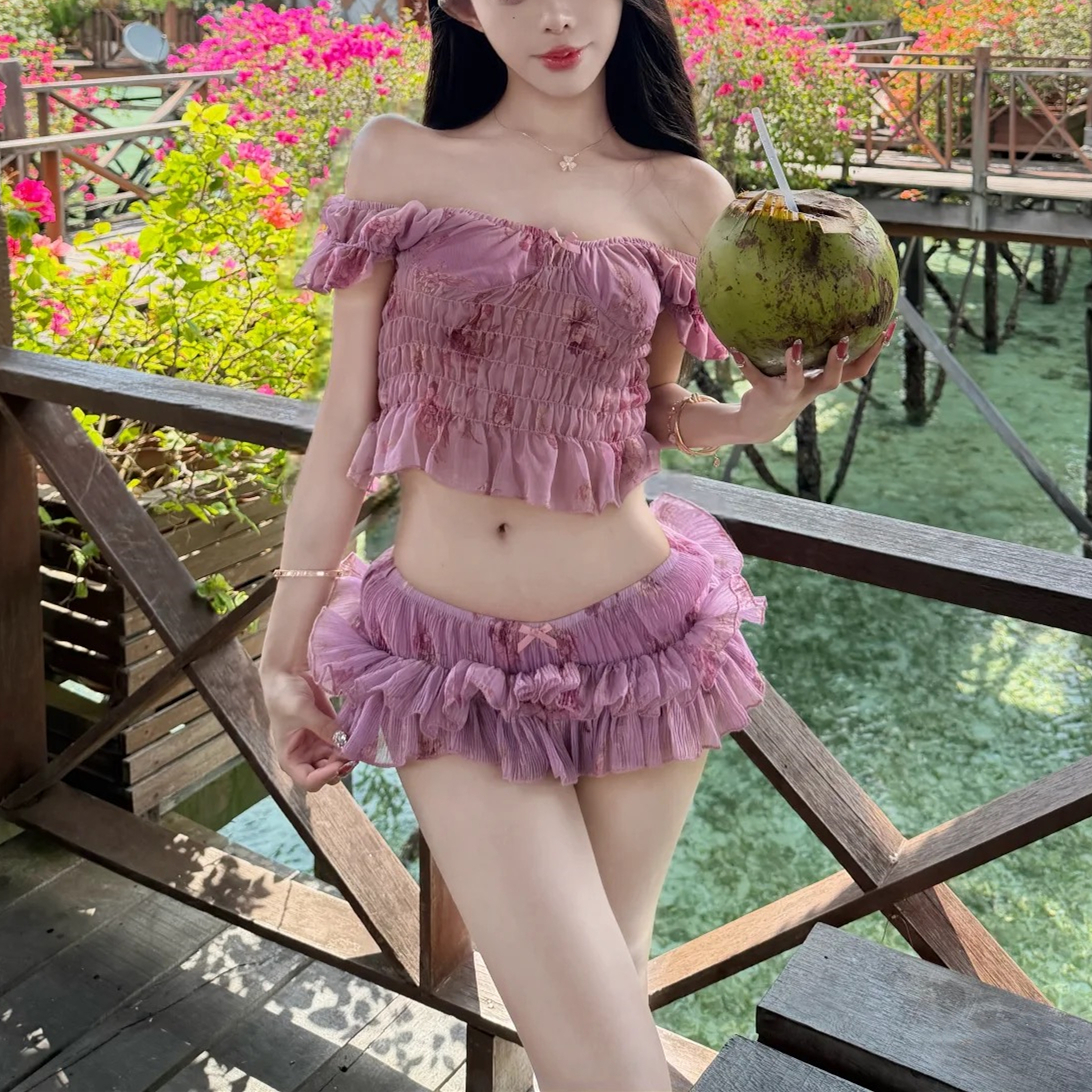 法式性感纯欲紫色碎花抽褶分体裙式泳衣女小胸一字领温泉度假泳装