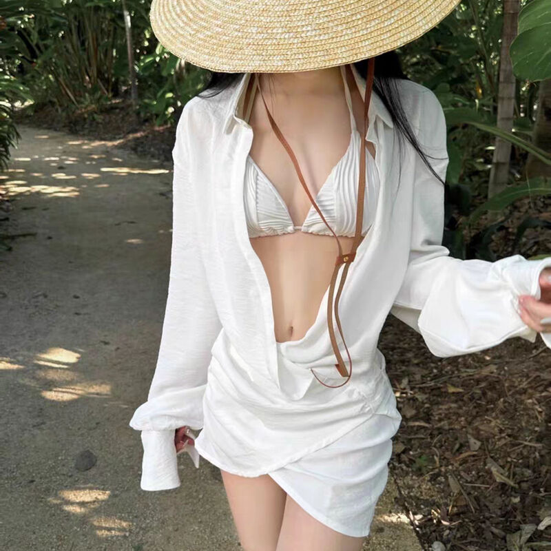 博主同款白色比基尼长袖棉麻衬衫裙性感纯欲风度假海岛防晒泳衣女