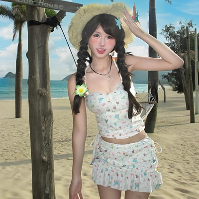 千禧少女纯欲满印分体裙式泳衣遮肚显瘦挂脖保守海边温泉度假泳装