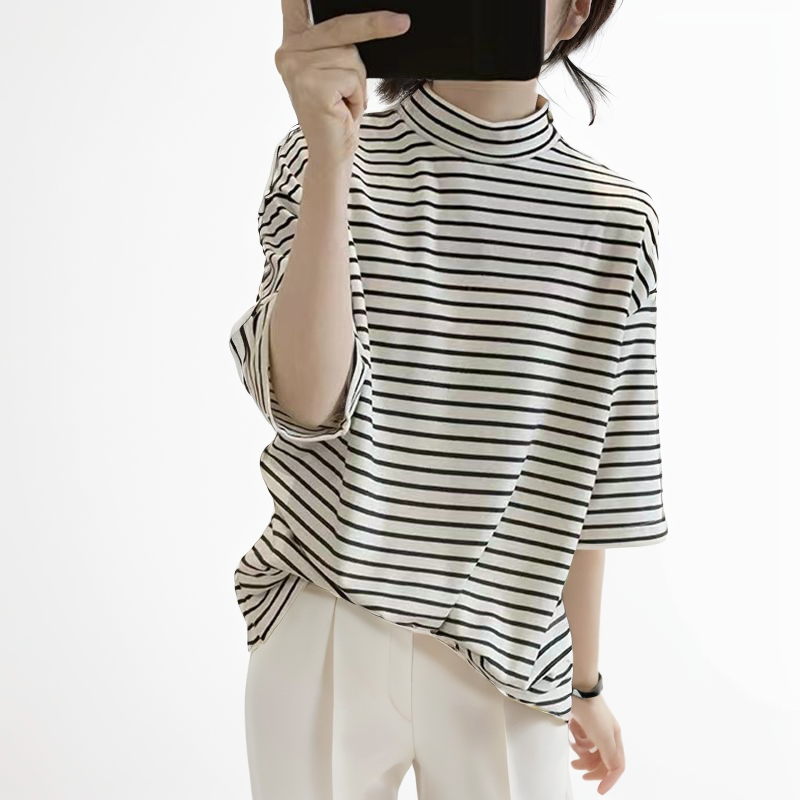 韩国半高领t恤女春季新款宽松显瘦简约条纹减龄五分袖棉质上衣秋