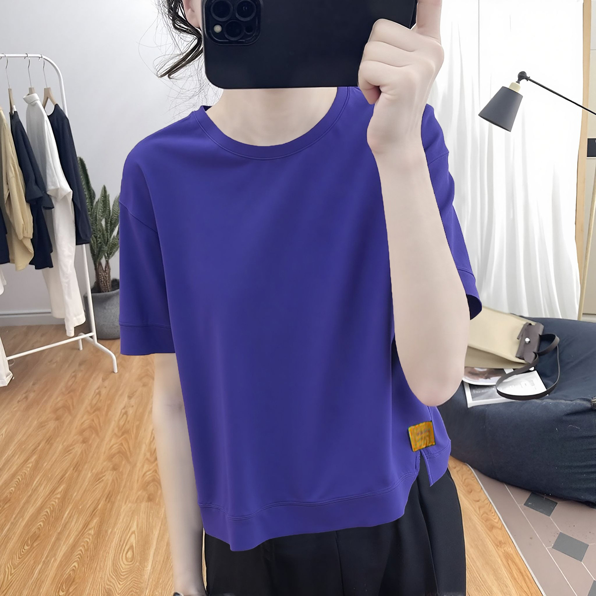 美式复古时尚圆领短袖t恤女夏季显瘦宽松正肩休闲薄款妈妈装上衣