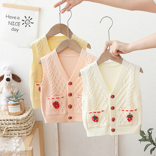 女童V领马甲开衫毛衣背心内搭坎肩秋季草莓甜美女宝宝针织衫坎肩