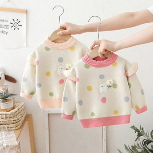 女童毛衣内搭套头衫秋冬儿童圆点飞袖甜美小童打底上衣宝宝针织衫