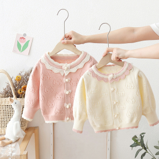 女童外穿毛衣开衫外套秋冬儿童洋气花边镂空宝宝婴儿薄款针织上衣
