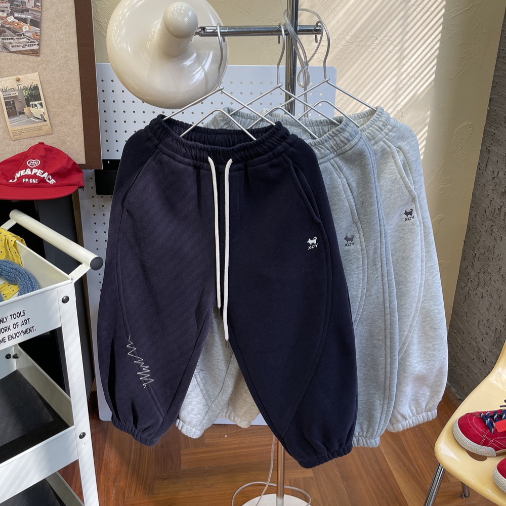 小狗刺绣加绒束脚卫裤石墨烯一体绒2025冬季儿童保暖运动裤男童潮