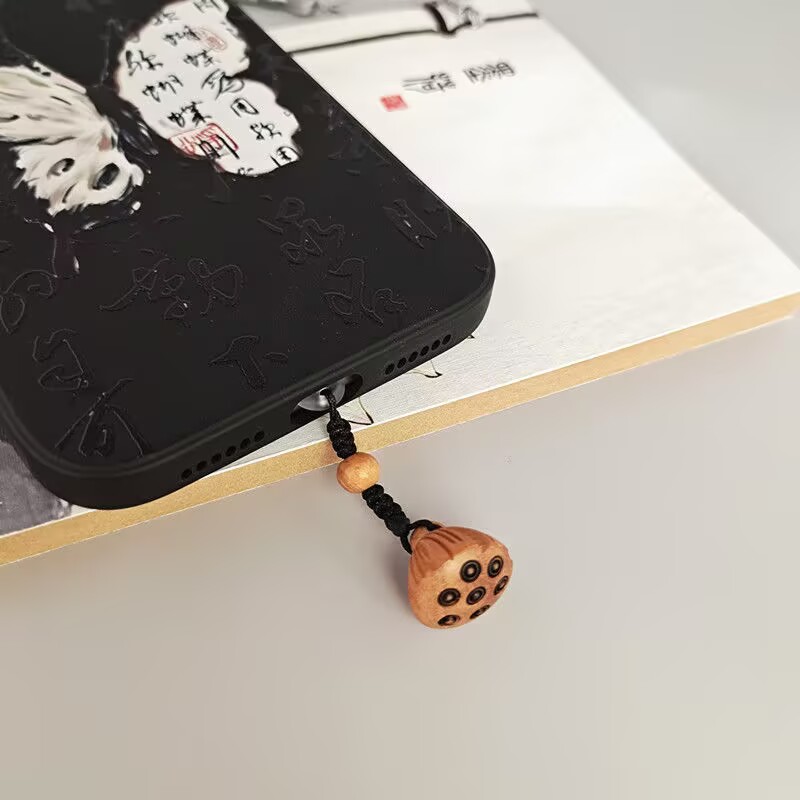 手工雕刻桃木莲蓬手机防尘塞充电口吊坠挂件Type-C华为苹果vivo