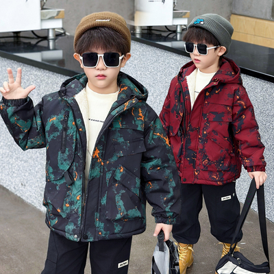 男童加绒外套秋冬2025新款儿童加厚派克服男宝宝冬装保暖迷彩棉服