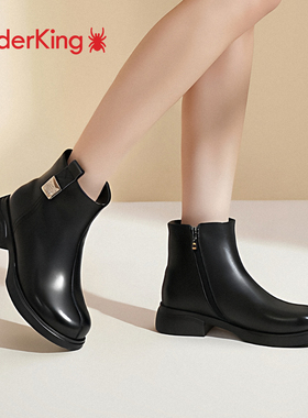 蜘蛛王妈妈靴子2025羊皮加绒冬靴黑色粗跟棉皮靴女款中跟短靴棉鞋