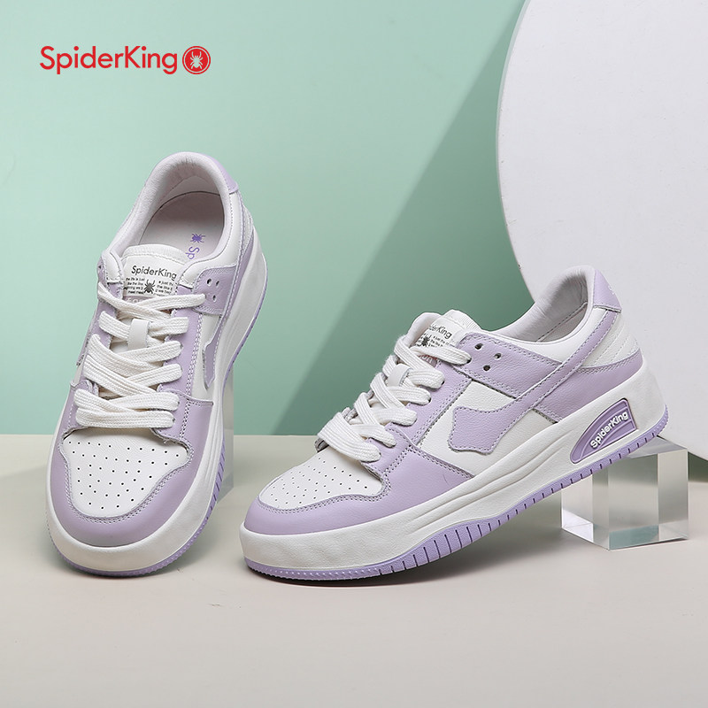 蜘蛛王正品牌子女鞋新款透气真皮鞋软底休闲百搭圆头鞋浅紫运动鞋