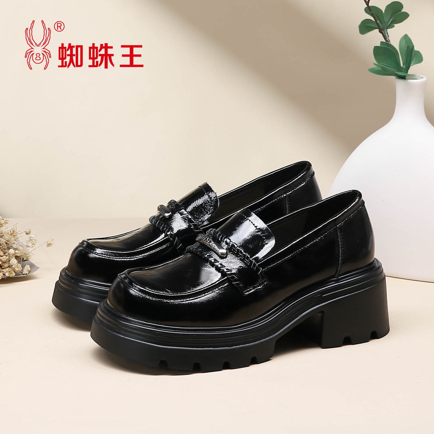 蜘蛛王女鞋真皮厚底乐福鞋女2026春季新款黑色英伦风增高jk小皮鞋