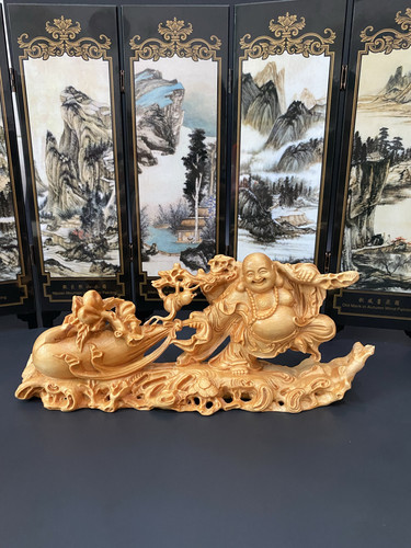 崖柏木雕刻元宝弥勒佛摆件布袋弥勒佛像汽车载送礼家居装饰工艺品