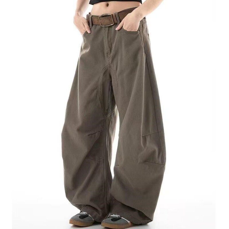 工装裤女2025新款小个子美式复古阔腿弯刀休闲裤宽松简约垂感长裤