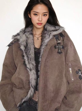 棕色复古毛领十字架座山雕棉服外套女加绒加厚夹克冬季新款棉衣潮