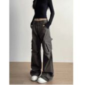 裤 女2025新款 美式 工装 复古高腰拉链多口袋阔腿宽松直筒休闲长裤