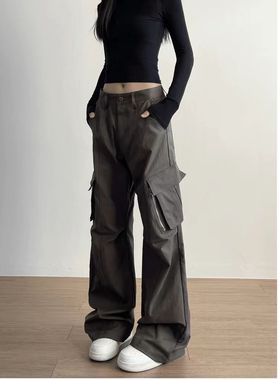 工装裤女2025新款 美式复古高腰拉链多口袋阔腿宽松直筒休闲长裤