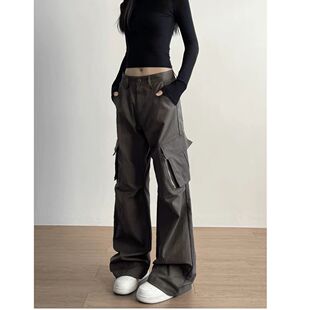 工装裤女2025新款 美式复古高腰拉链多口袋阔腿宽松直筒休闲长裤