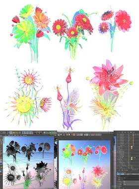 c4d模型默认渲染默认渲染C4D模型酸性绿色植物花叶子花束背景设计