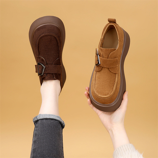 2026春季厚底乐福鞋女搭扣圆头绒面复古韩系时尚百搭秀气懒人单鞋