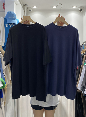 手感好纯色短袖T恤女中长款宽松大码显瘦上衣显瘦百搭做旧洗水棉