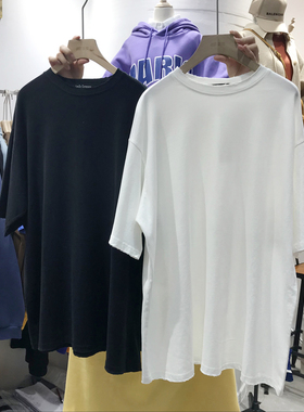 韩国东大门纯色短袖T恤女中长款宽松大码显瘦显白百搭做旧洗水棉