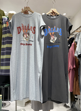 2025新款夏季兔八哥卡通短袖T恤裙女中长款时尚休闲开叉连衣裙凉