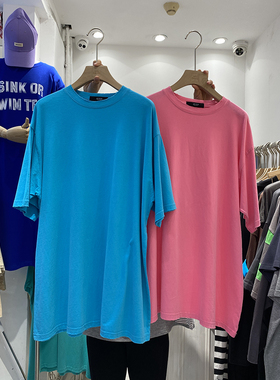 东大门纯色短袖T恤女中长款宽松大码显瘦显白洗水做旧下衣失踪裙