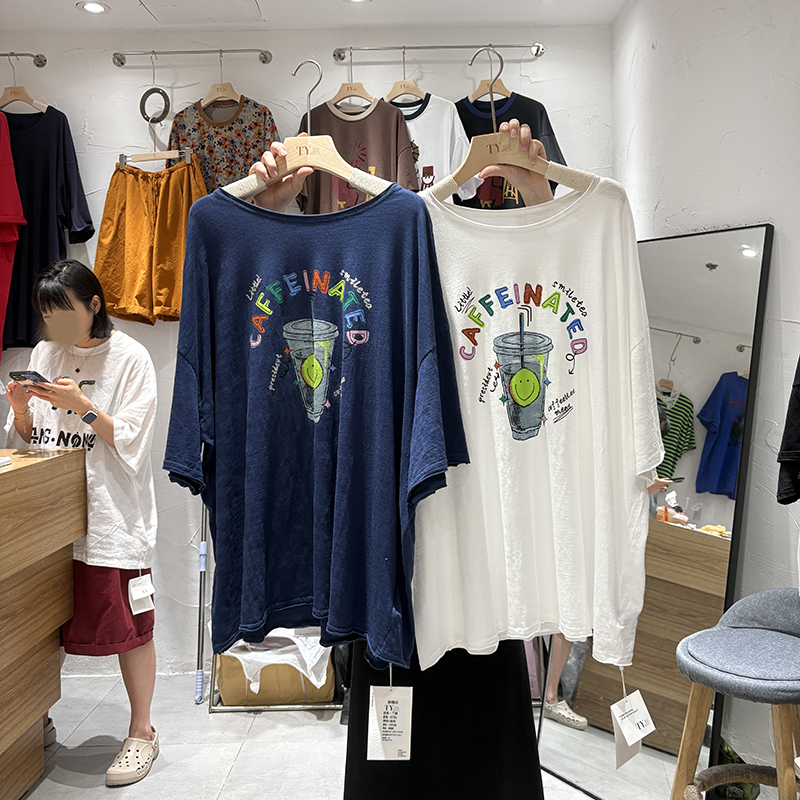 韩国东大门短袖T恤中长宽夏新款TY大码胖mm可爱卡通笑脸印花宽松