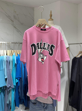 韩国东大门新款字母兔子卡通印花短袖T恤女中长款开叉宽松显瘦