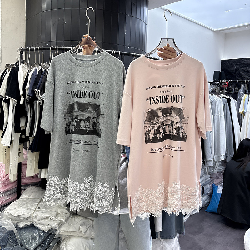 韩国东大门新款短袖T恤裙子女中长款宽松大码蕾丝百搭做旧洗水棉