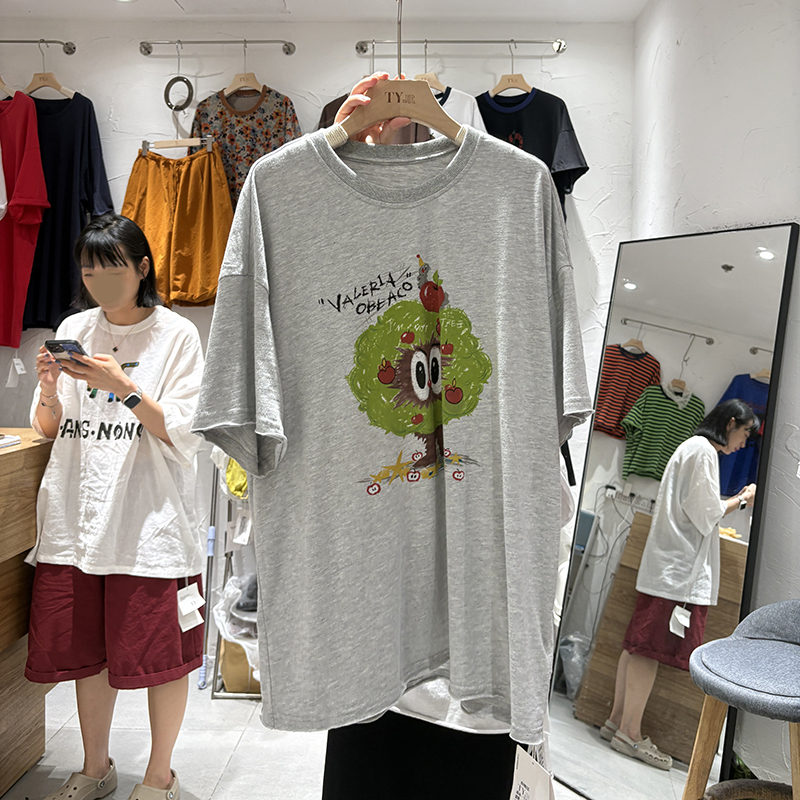 韩国东大门短袖T恤夏新款TY大码胖mm可爱卡通苹果树印花宽松薄