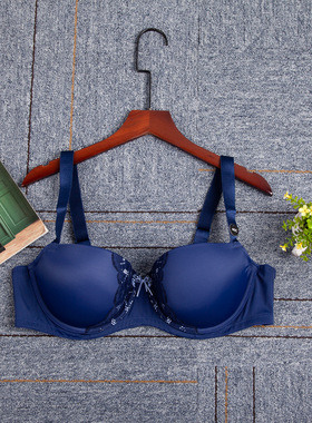欧美大码内衣深蓝色光面文胸薄款胖MM上托防下垂聚拢 90-105CDEF