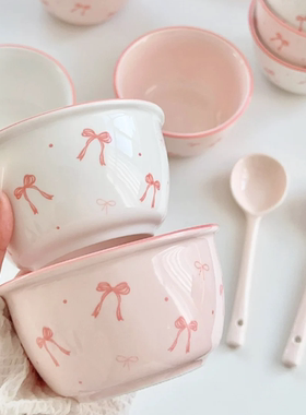 2碗2勺/奶油蝴蝶结少女家用陶瓷釉下彩高颜值餐具饭碗甜品碗可爱