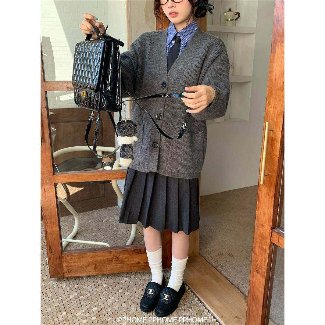 自制~miu系乖乖女 加厚粗针毛衣外套开衫+毛呢百褶半身裙女