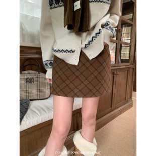 自制 插兜加厚格纹毛呢a字半身裙秋冬显瘦包臀短裙 超A短裙
