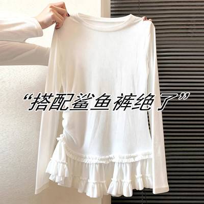 白色中长款打底衫上衣女冬季穿搭皮草内搭遮屁股配鲨鱼裤长袖T恤