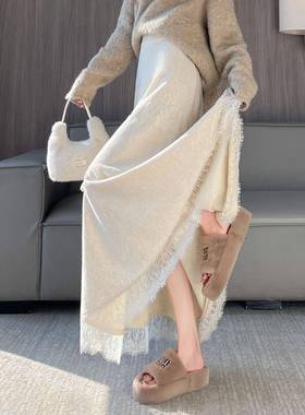 白色长款蕾丝针织半身裙女秋冬a字包臀梨形伯克利广州十三行长裙