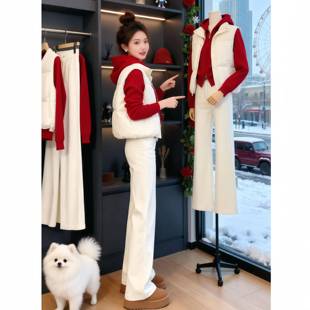 小个子一整套深秋初冬穿搭欧货慵懒软糯连帽毛衣棉服马甲三件套装