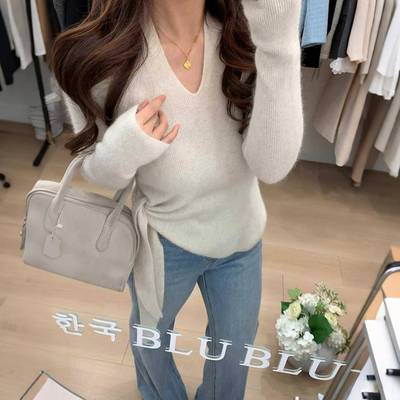 白色v领系带长袖针织衫女秋冬设计感修身毛衣内搭打底衫别致上衣