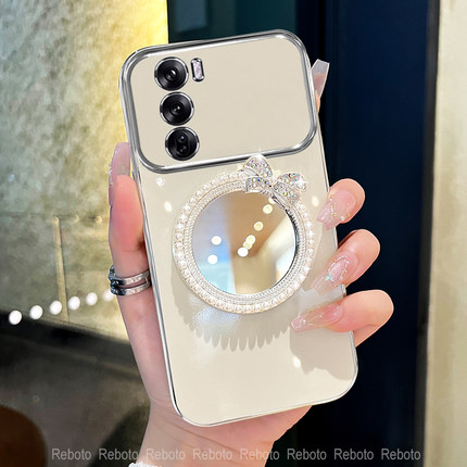 适用oppoReno12手机壳reno11珍珠补妆镜reno10大视窗外壳reno8/9硅胶reno6/7女款reno11pro防摔电镀壳创意