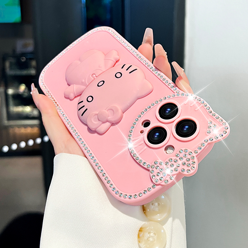 适用苹果16pro手机壳iphone15猫咪补妆镜支架苹果14/15promax水钻猫咪形状外壳苹果13卡通可爱16plus防摔新款
