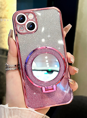 适用苹果15手机壳新款iphone14透明闪粉补妆镜支架苹果13防摔15promax硅胶ip11/12软壳xsmax网红女款7/8plus