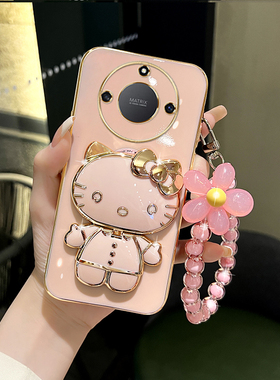 适用荣耀x50手机壳女款荣耀x40/x30/x20可爱猫咪补妆镜支架x50i/x40i保护套v30/v40硅胶GT防摔se粉色小清新