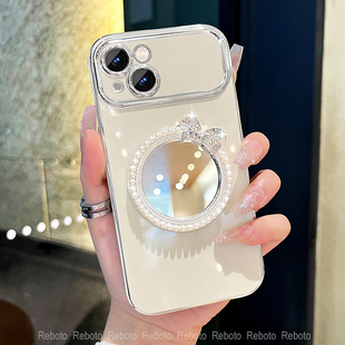 适用苹果15手机壳iphone14珍珠补妆镜16promax大视窗外壳13pro硅胶12女款11防摔x/xs电镀壳7/8plus带镜子xr