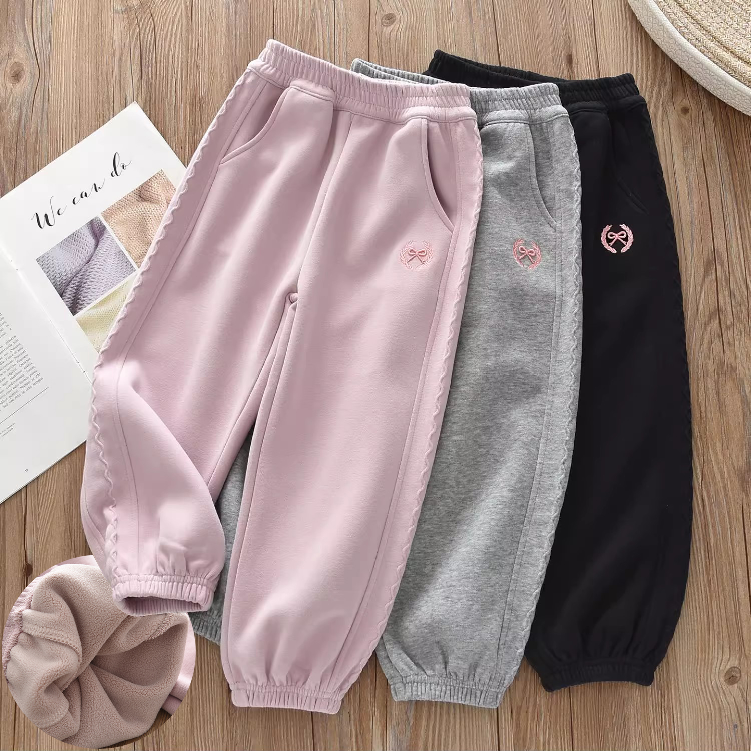 女孩春秋冬加绒束口运动裤